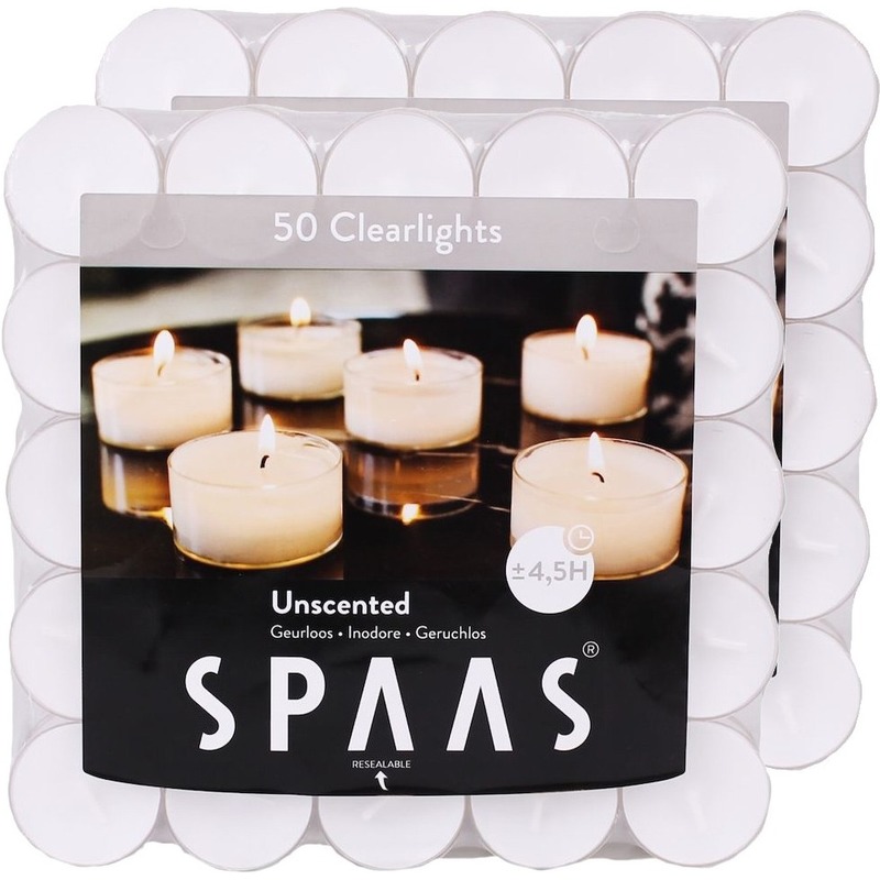 100x Clearlights witte waxinelichten-theelichten 4,5 branduren in doos