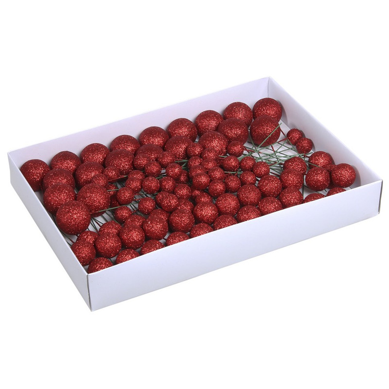 100x Rode glitter mini kerstballen stekers kunststof 2/3/4 cm