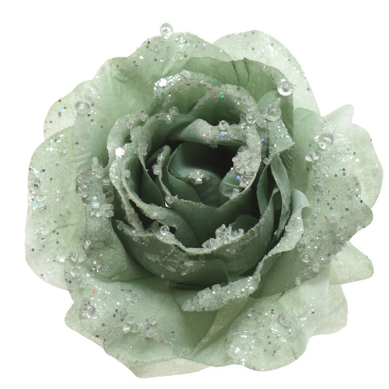 1x Knutsel/hobby materiaal decoratie roosjes op clip groen 14 cm