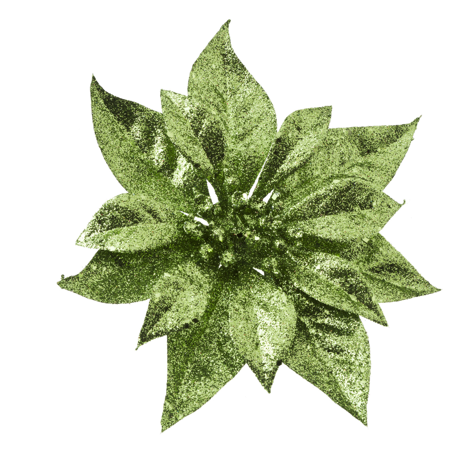 1x stuks decoratie bloemen kerstster groen glitter op clip 18 cm
