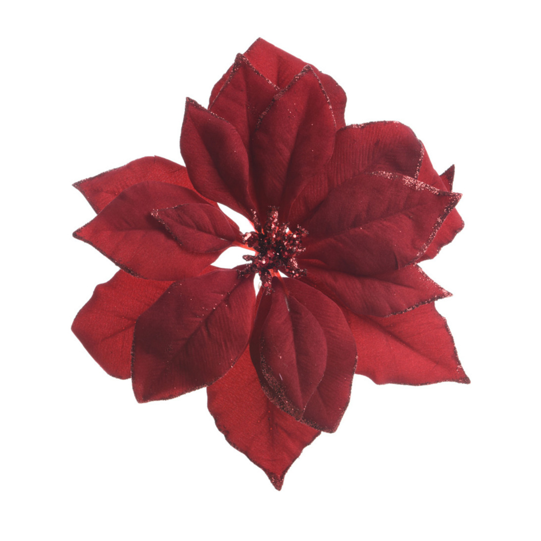 1x stuks decoratie bloemen kerstster rood glitter op clip 24 cm