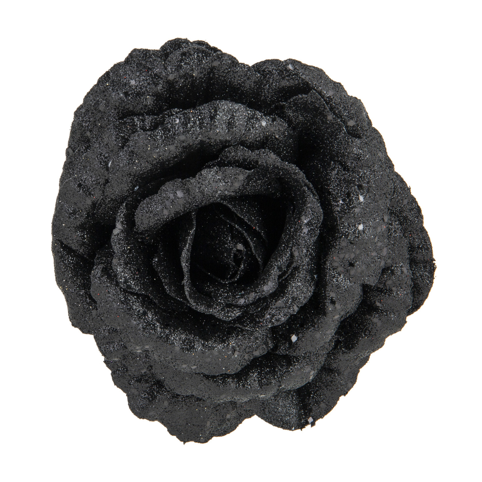 1x stuks decoratie bloemen roos zwart glitter op clip 18 cm