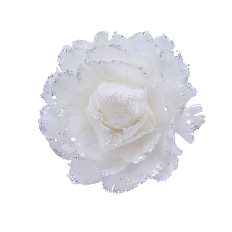 1x stuks decoratie bloemen wit met veertjes op clip 11 cm