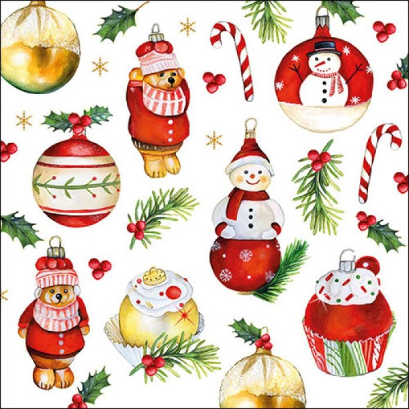 20x stuks kerstdiner/kerst thema servetten met kerstornamenten 33 x 33 cm