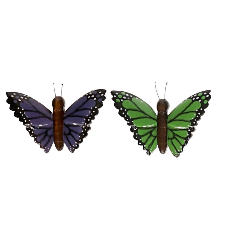 2x magneet hout groene en paarse vlinder