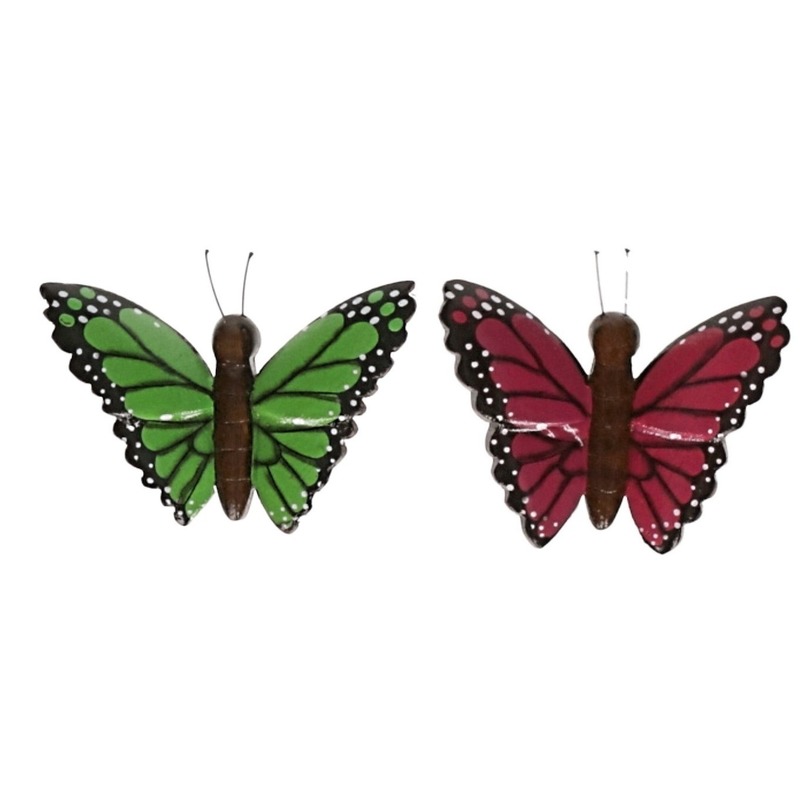 2x magneet hout groene en roze vlinder