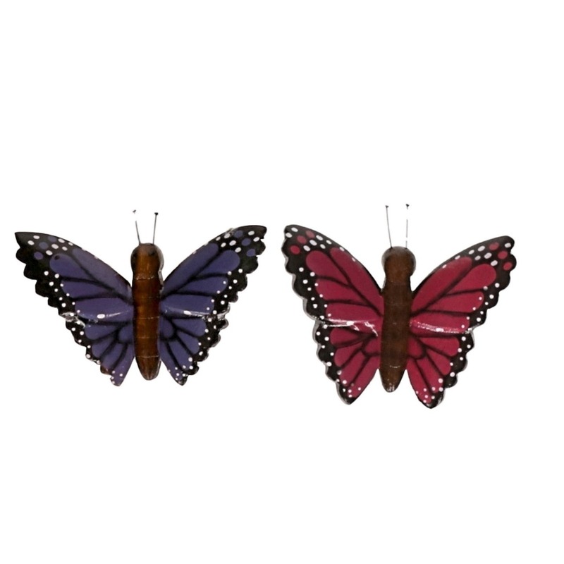 2x magneet hout paarse en roze vlinder