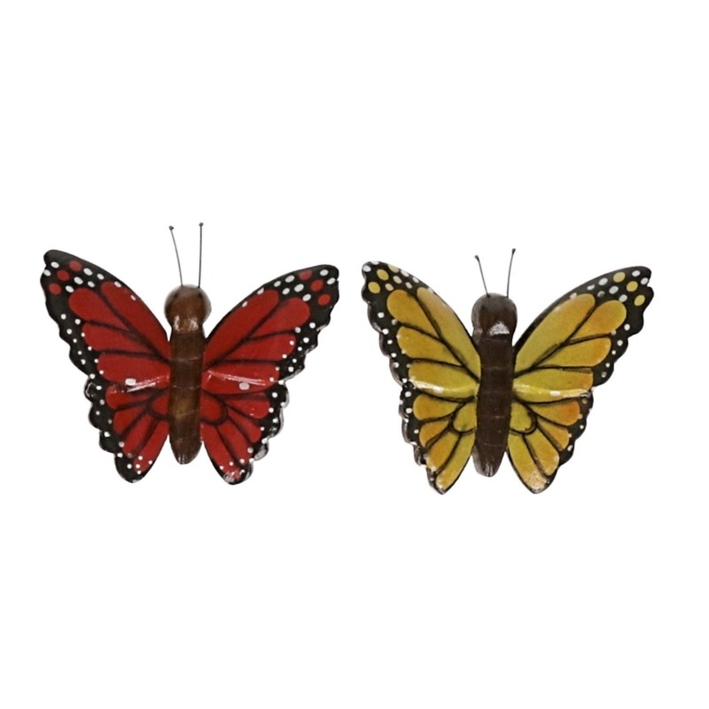 2x magneet hout rode en gele vlinder