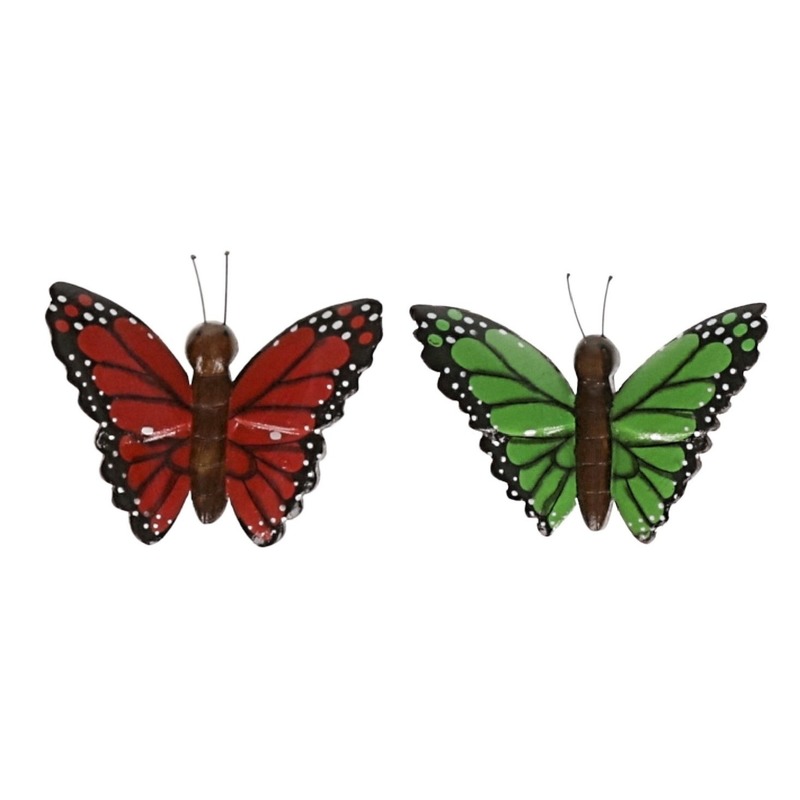 2x magneet hout rode en groene vlinder