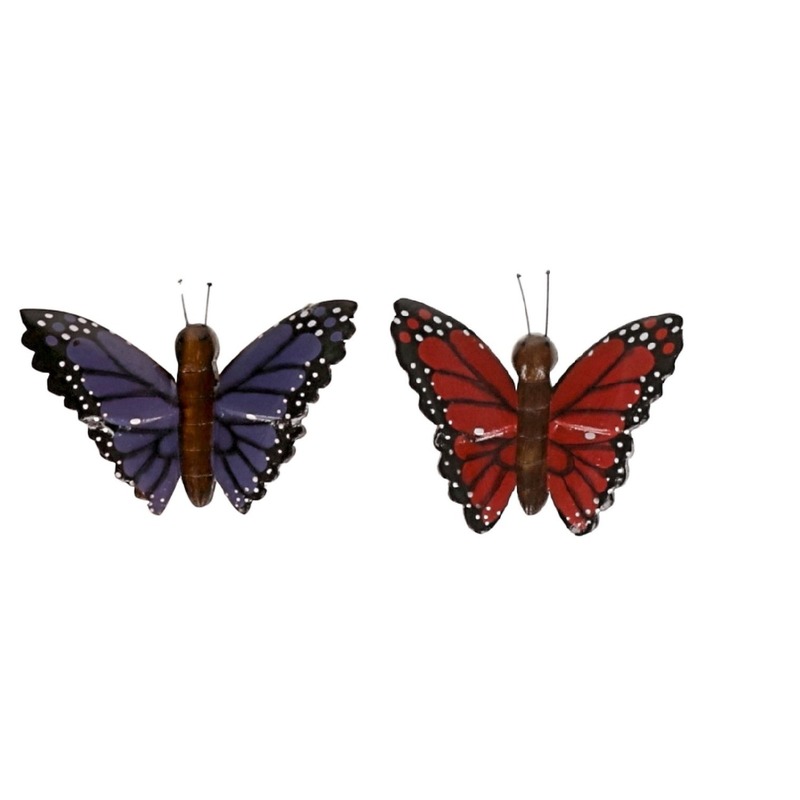 2x magneet hout rode en paarse vlinder