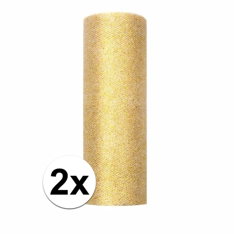 2x Rolletjes tule stof goud met glitters 15 cm