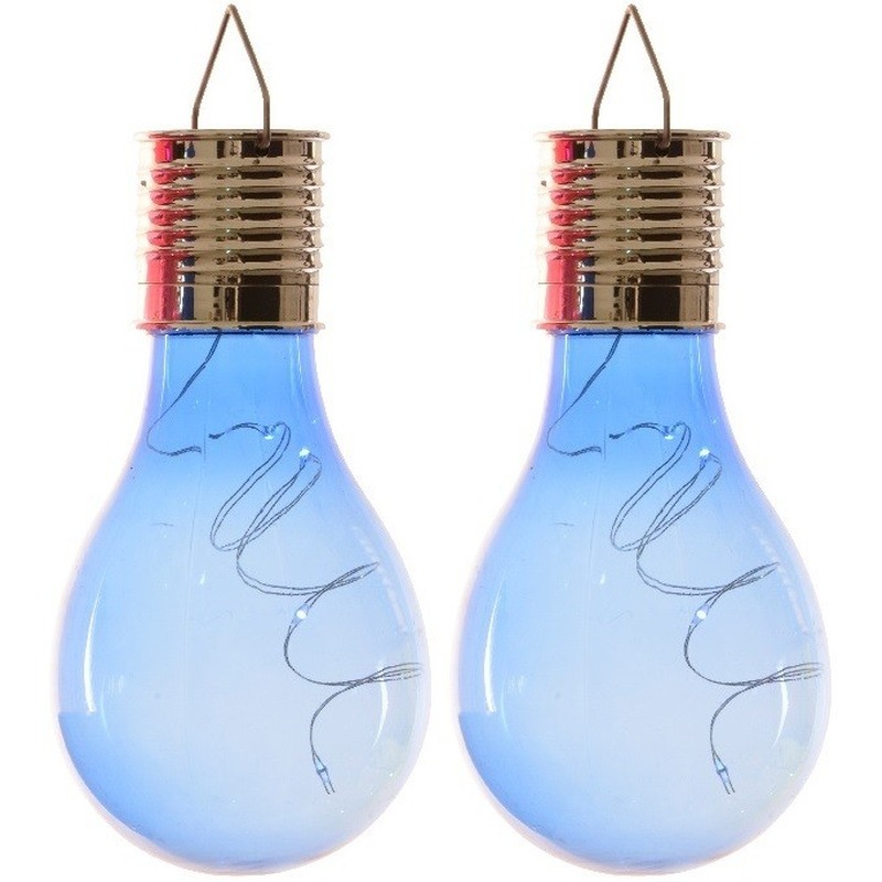 2x Solarlamp lampbolletjes/peertjes op zonne-energie 14 cm blauw