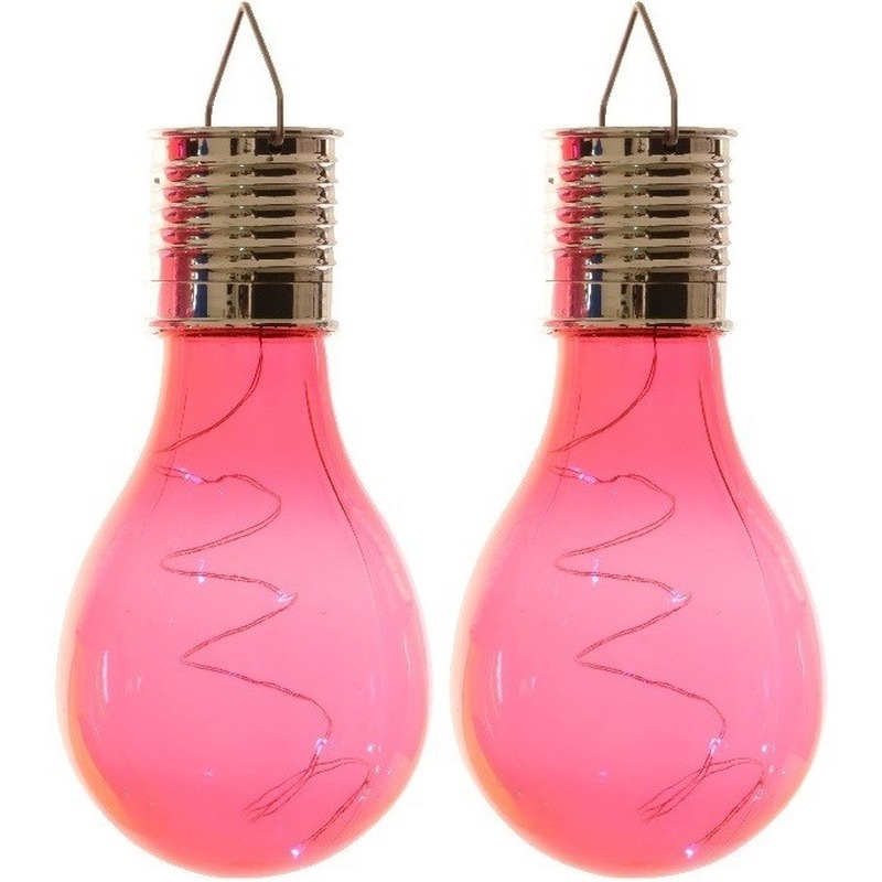 2x Solarlamp lampbolletjes/peertjes op zonne-energie 14 cm fuchsia roze