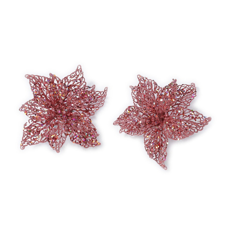 2x stuks decoratie kerststerren bloemen roze glitter op clip 18 cm