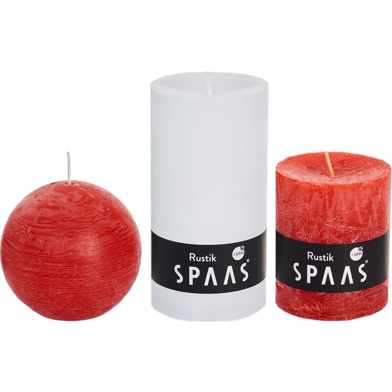 3x Witte/rode woondecoratie kaarsen set rustiek rond 8 cm en stomp/cilinder 7 x 8 cm - 7 x 13 cm