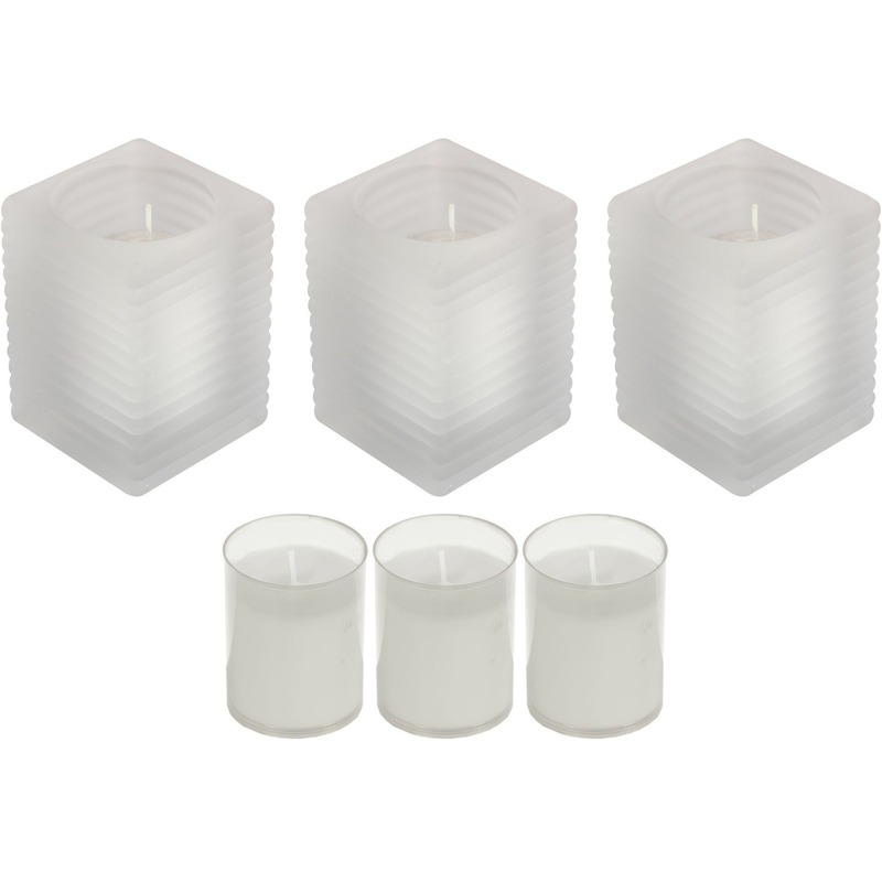 3x Witte woondecoratie kaarsen met houders en 3 navullingen 7 x 10 cm 24 branduren
