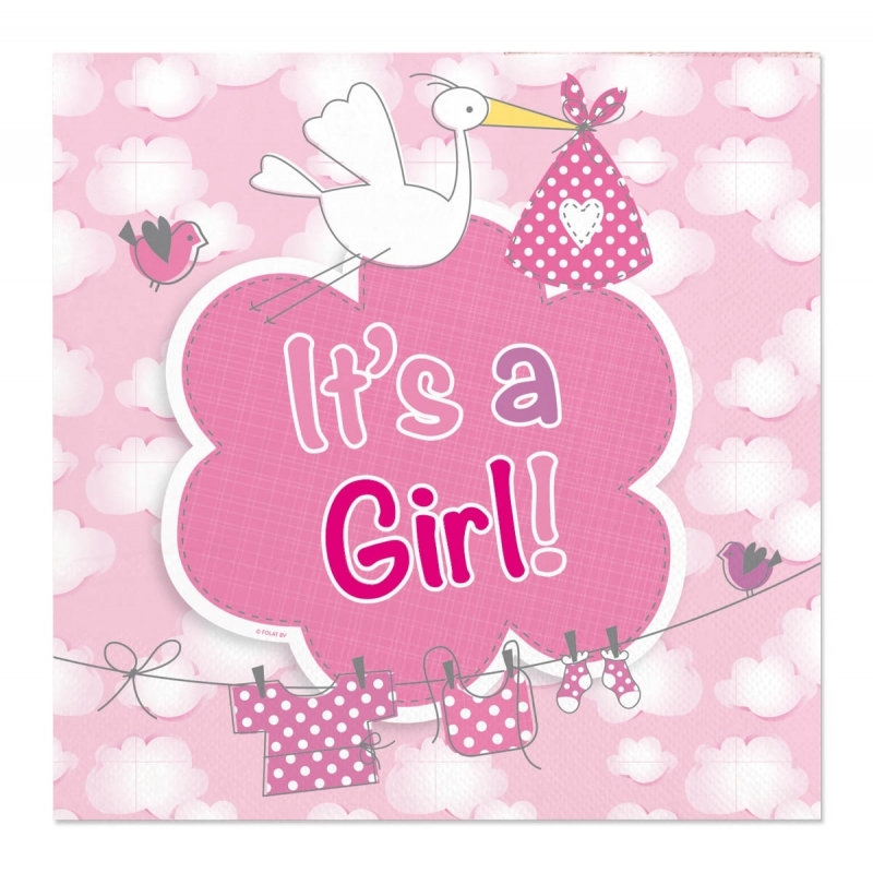 40x Papieren servetjes geboorte meisje roze feestartikelen 25 x 25 cm