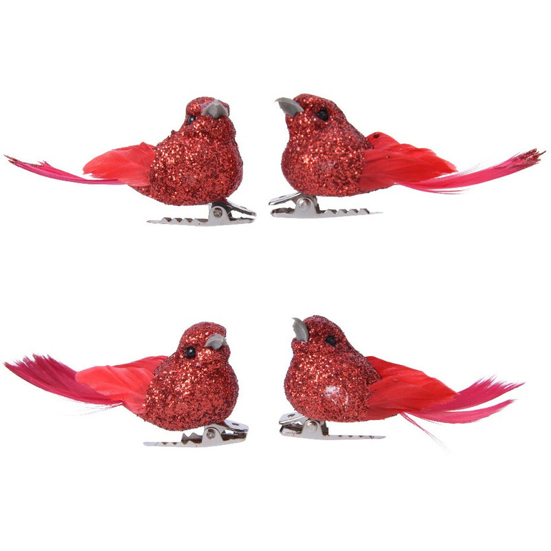 4x Decoratie glitter vogeltjes rood op clip 5 cm