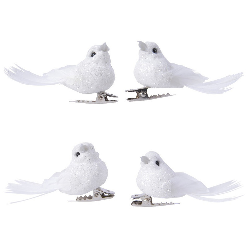 4x Decoratie glitter vogeltjes wit op clip 5 cm