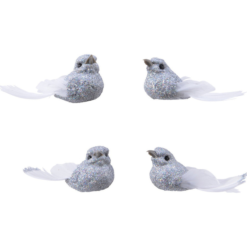 4x Decoratie glitter vogeltjes zilver op clip 5 cm