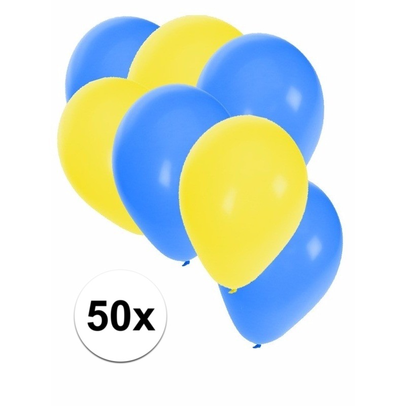 50x Ballonnen - 27 cm - geel - blauwe versiering