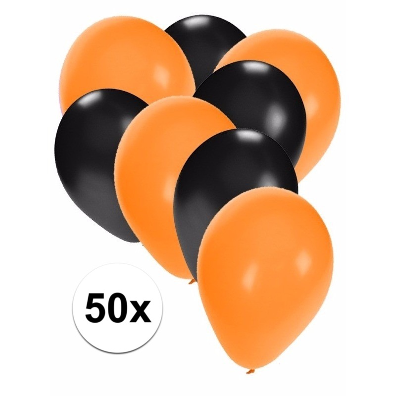 50x ballonnen - 27 cm - oranje - zwarte versiering