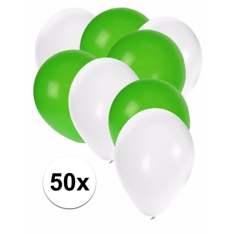 50x ballonnen - 27 cm - wit - groene versiering