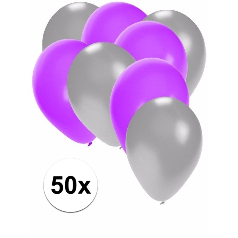50x ballonnen - 27 cm - zilver - paarse versiering