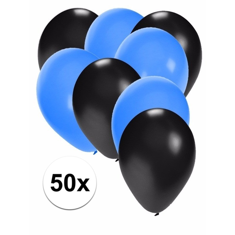 50x ballonnen - 27 cm - zwart - blauwe versiering