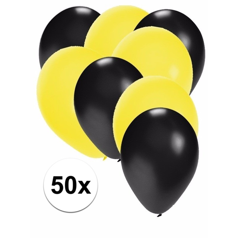50x ballonnen - 27 cm - zwart - gele versiering