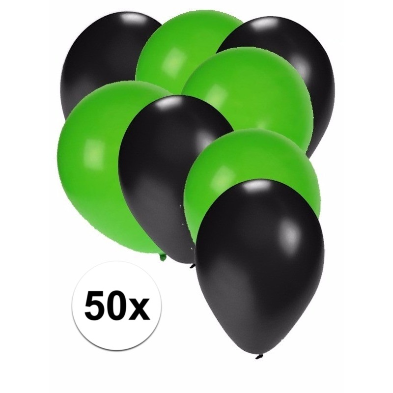 50x ballonnen - 27 cm - zwart - groene versiering