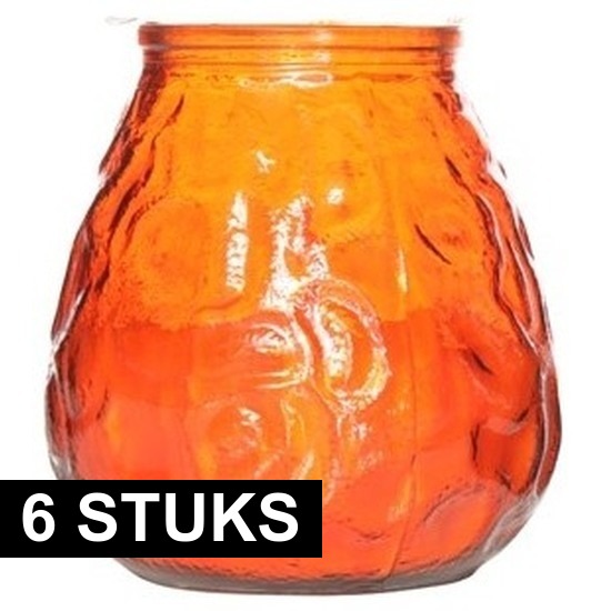 6x Horeca kaarsen oranje in kaarshouder van glas 10 cm brandtijd 40 uur