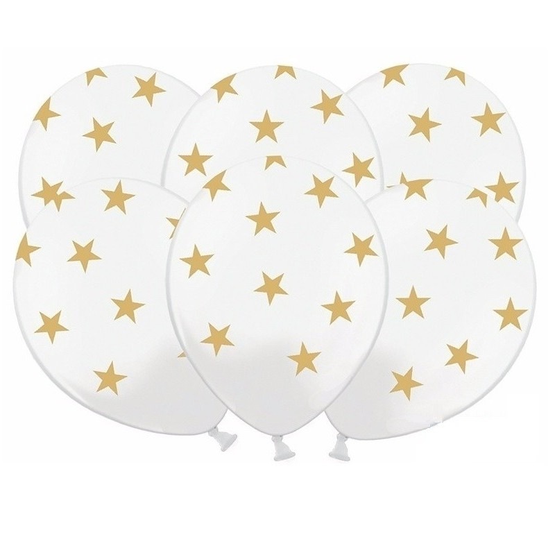 6x Nieuwjaar ballonnen wit met gouden sterren
