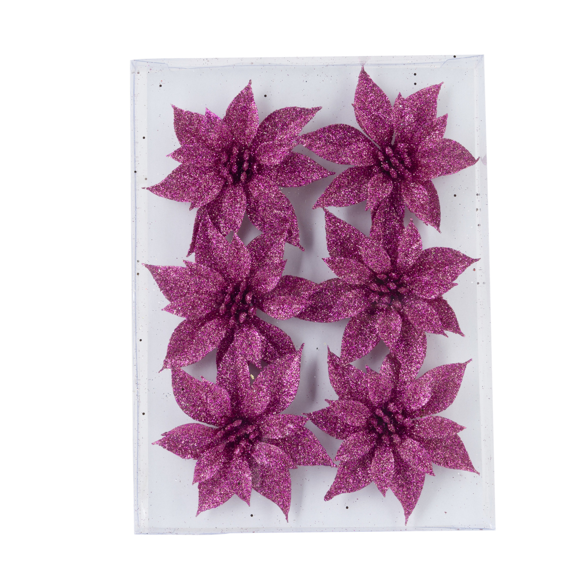 6x stuks decoratie bloemen rozen fuchsia roze glitter op ijzerdraad 8 cm