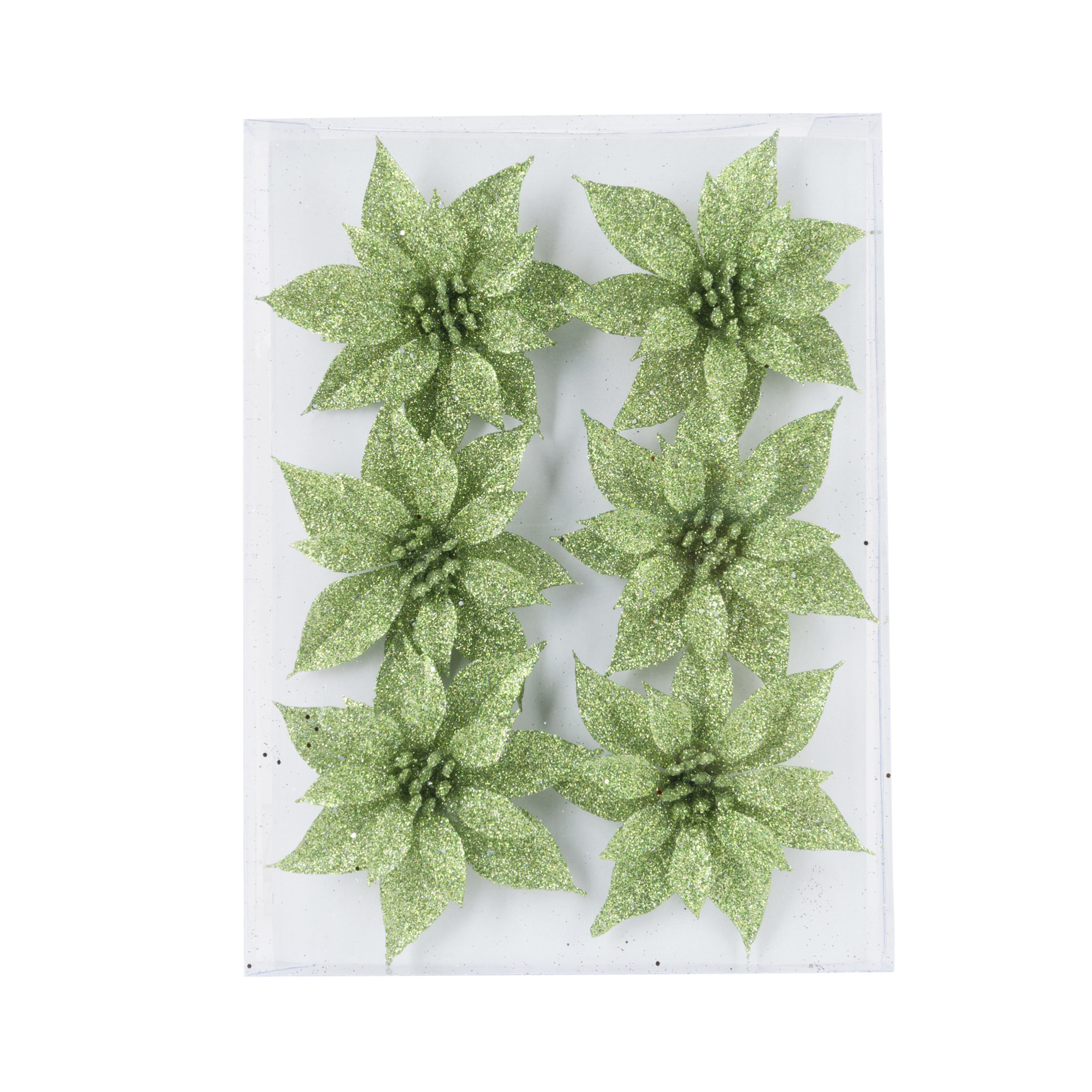 6x stuks decoratie bloemen rozen groen glitter op ijzerdraad 8 cm