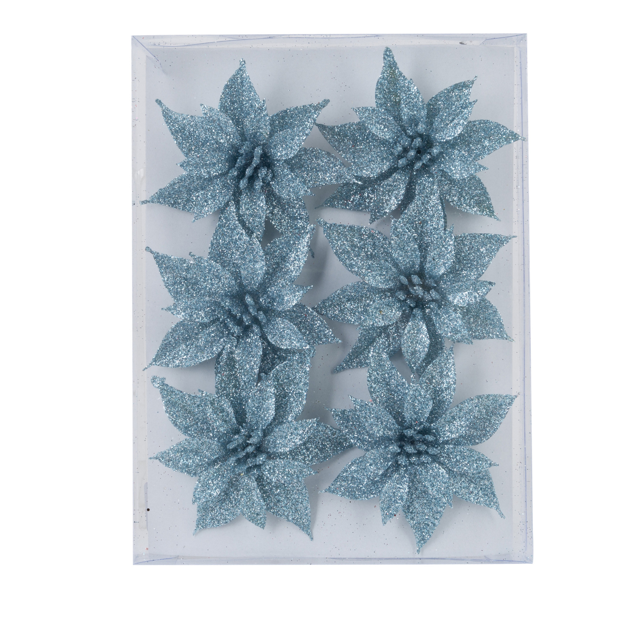 6x stuks decoratie bloemen rozen ijsblauw glitter op ijzerdraad 8 cm