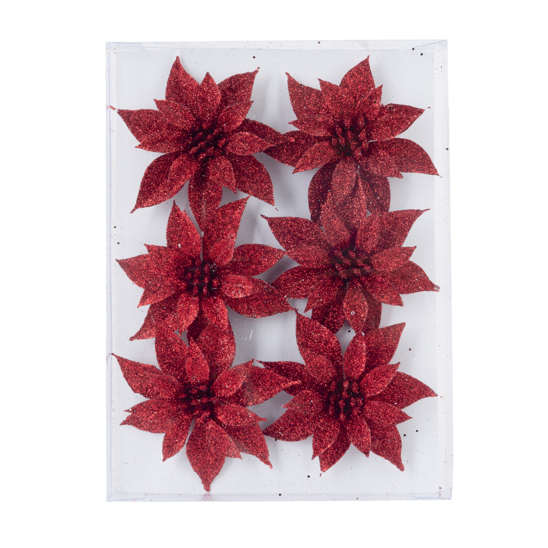 6x stuks decoratie bloemen rozen rood glitter op ijzerdraad 8 cm