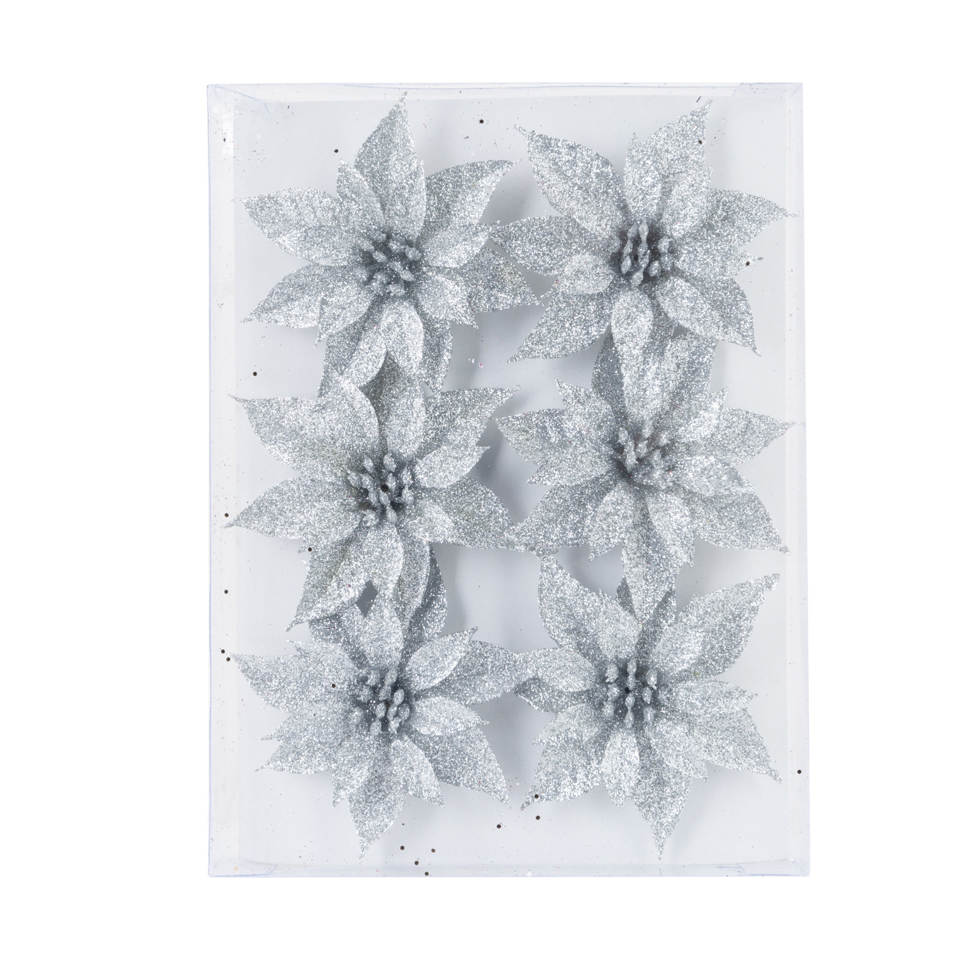 6x stuks decoratie bloemen rozen zilver glitter op ijzerdraad 8 cm