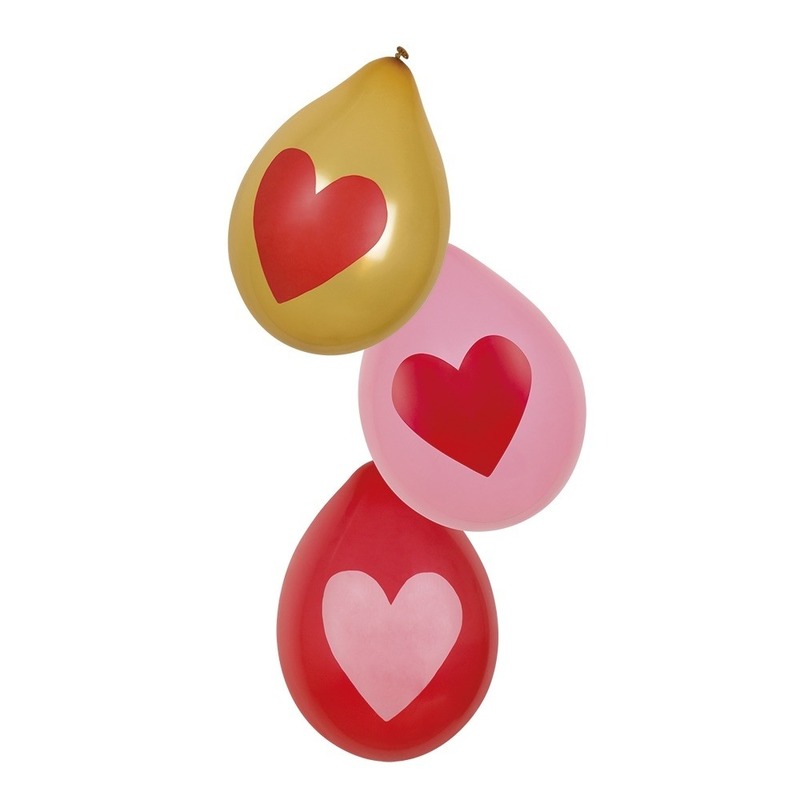 6x stuks hartjes ballonnen Rood, roze en goud 30 cm
