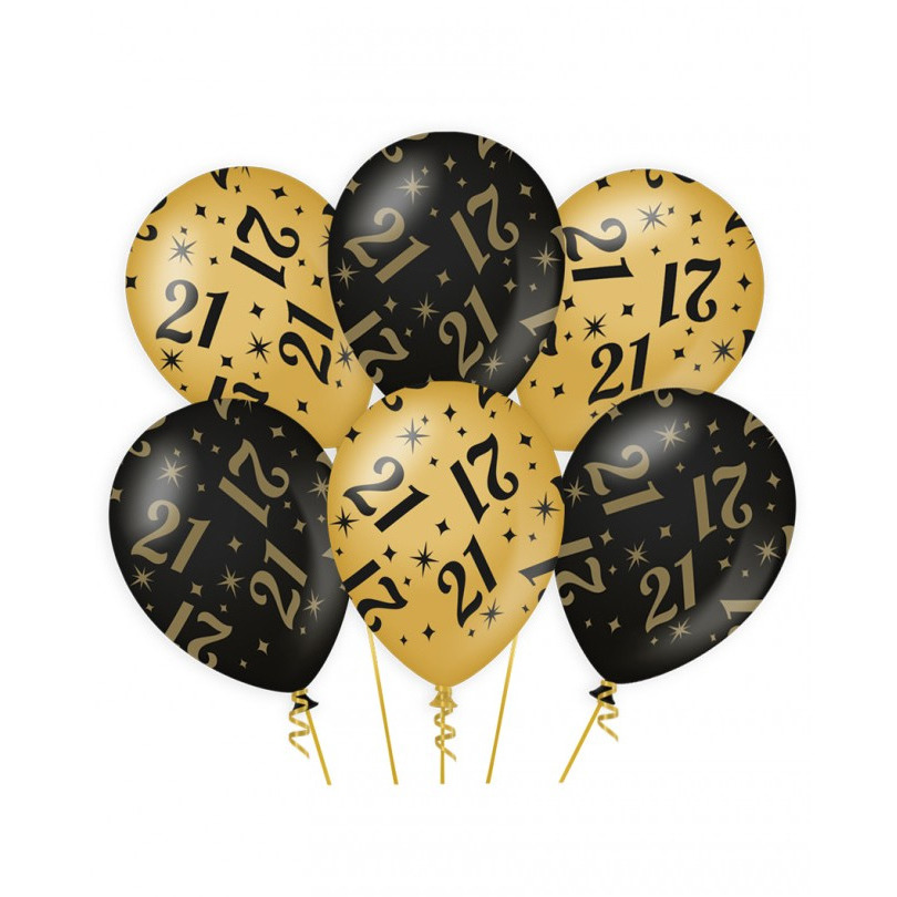 6x stuks leeftijd verjaardag feest ballonnen 21 jaar geworden zwart/goud 30 cm