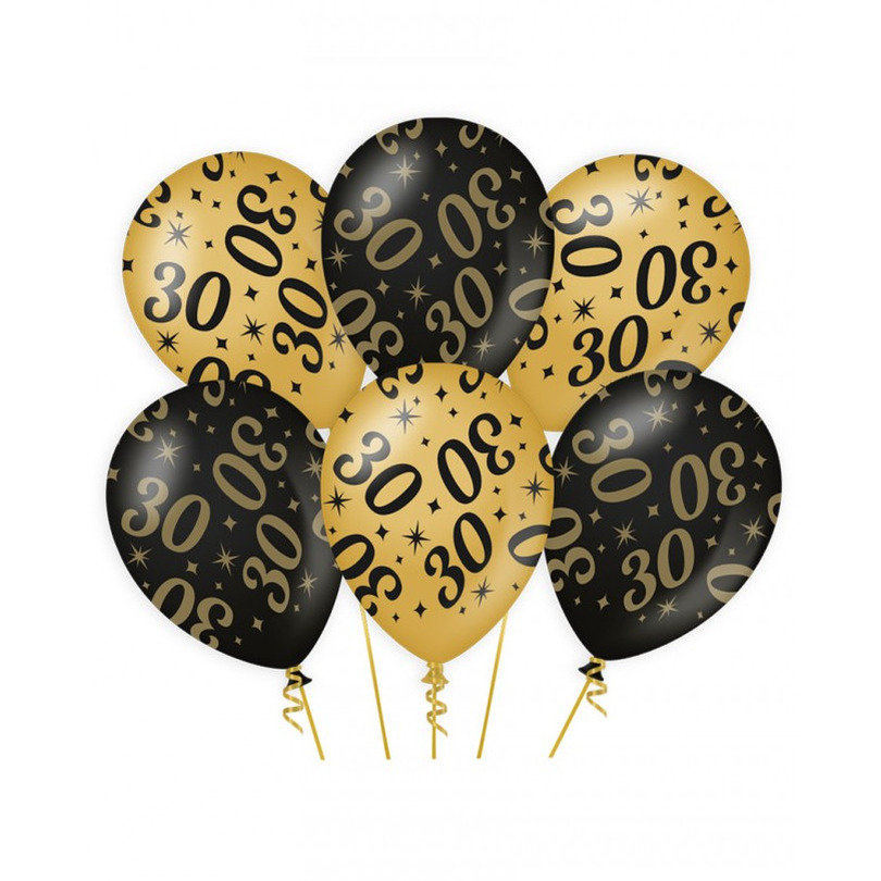 6x stuks leeftijd verjaardag feest ballonnen 30 jaar geworden zwart/goud 30 cm