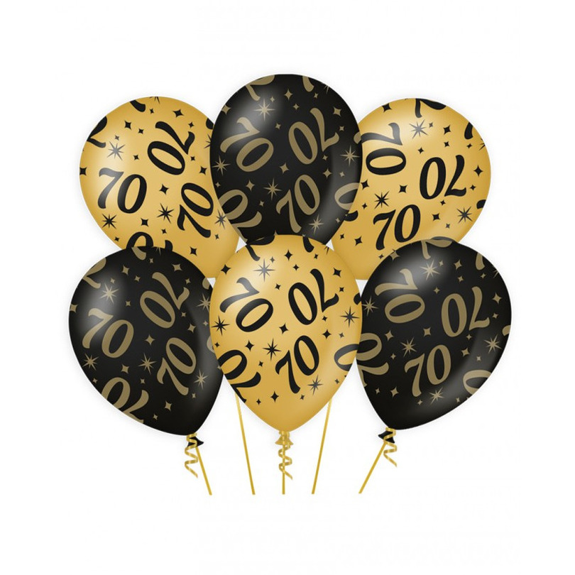 6x stuks leeftijd verjaardag feest ballonnen 70 jaar geworden zwart/goud 30 cm