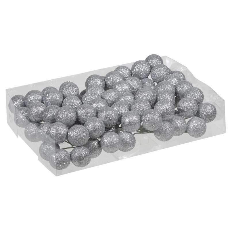80x Zilveren glitter mini kerstballen stekers kunststof 3 cm
