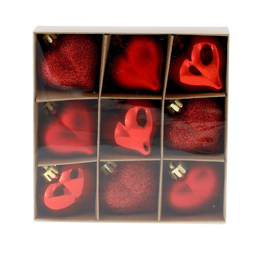 9x stuks kunststof hartjes kerstballen/kerstornamenten rood 4,5 cm