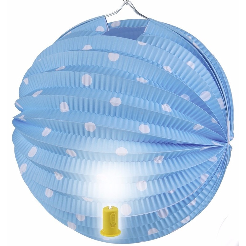 Blauwe feest lampion met witte stippen 20 cm