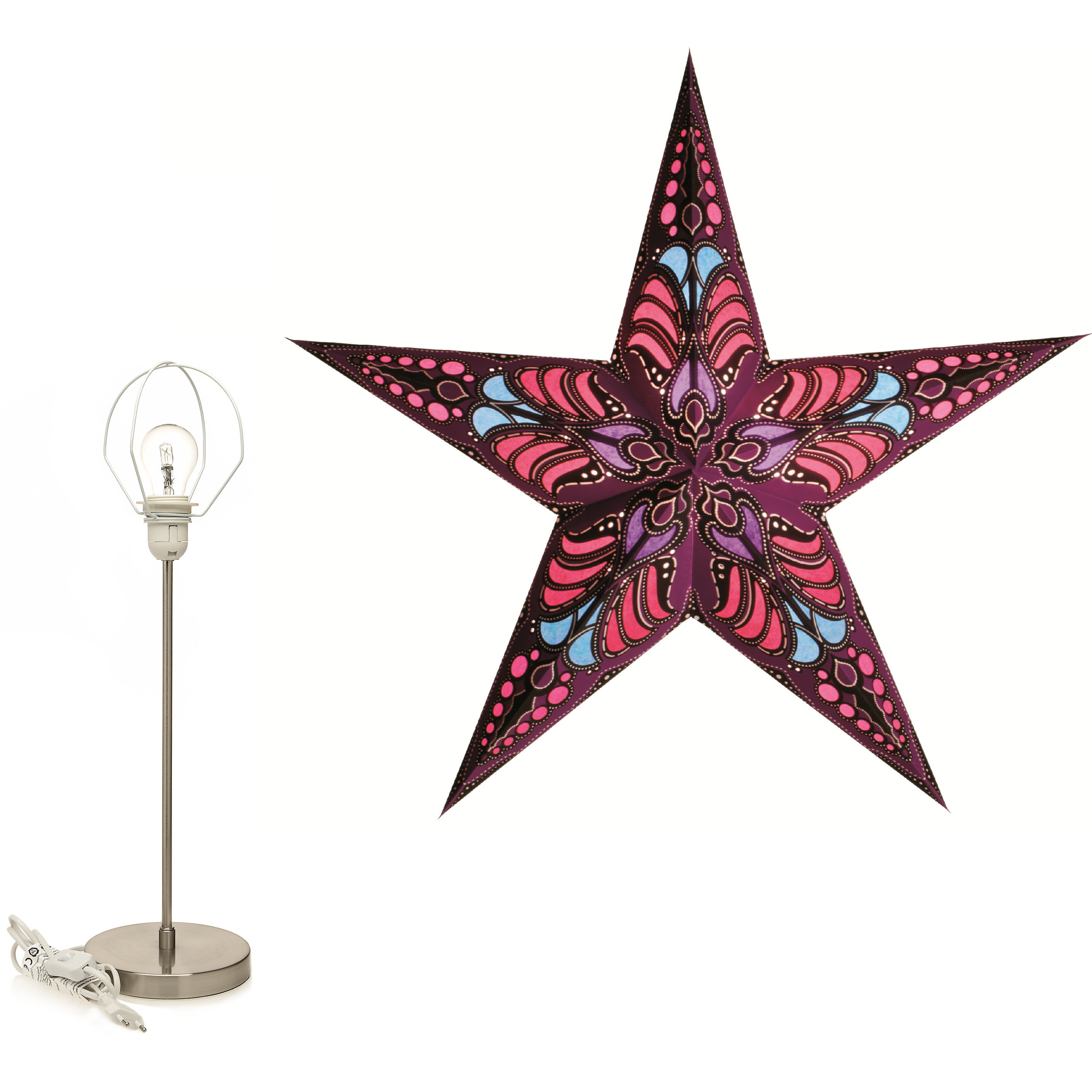 Decoratie kerstster paars 60 cm inclusief tafellamp/lamp standaard