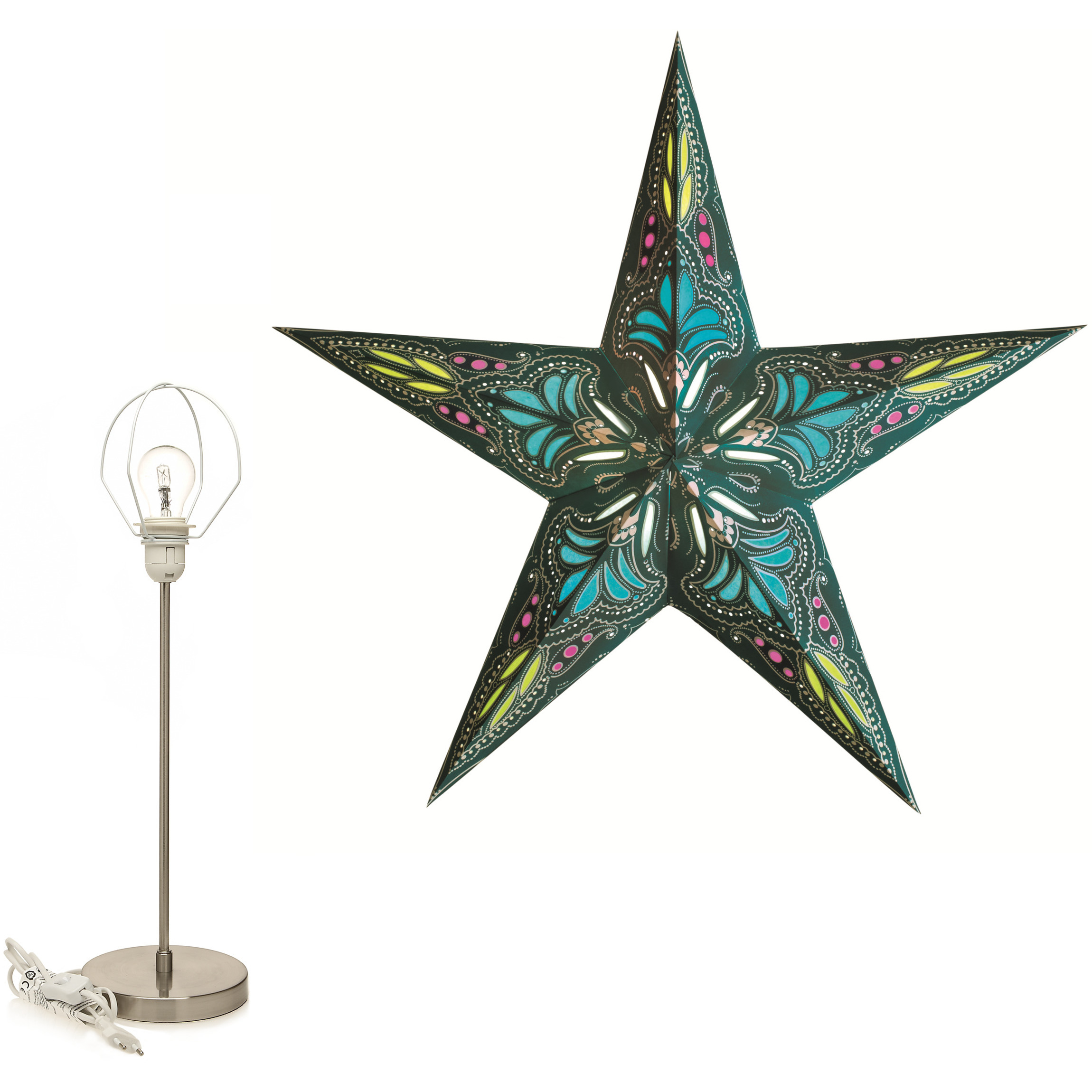 Decoratie kerstster turquoise/blauw 60 cm inclusief tafellamp/lamp standaard
