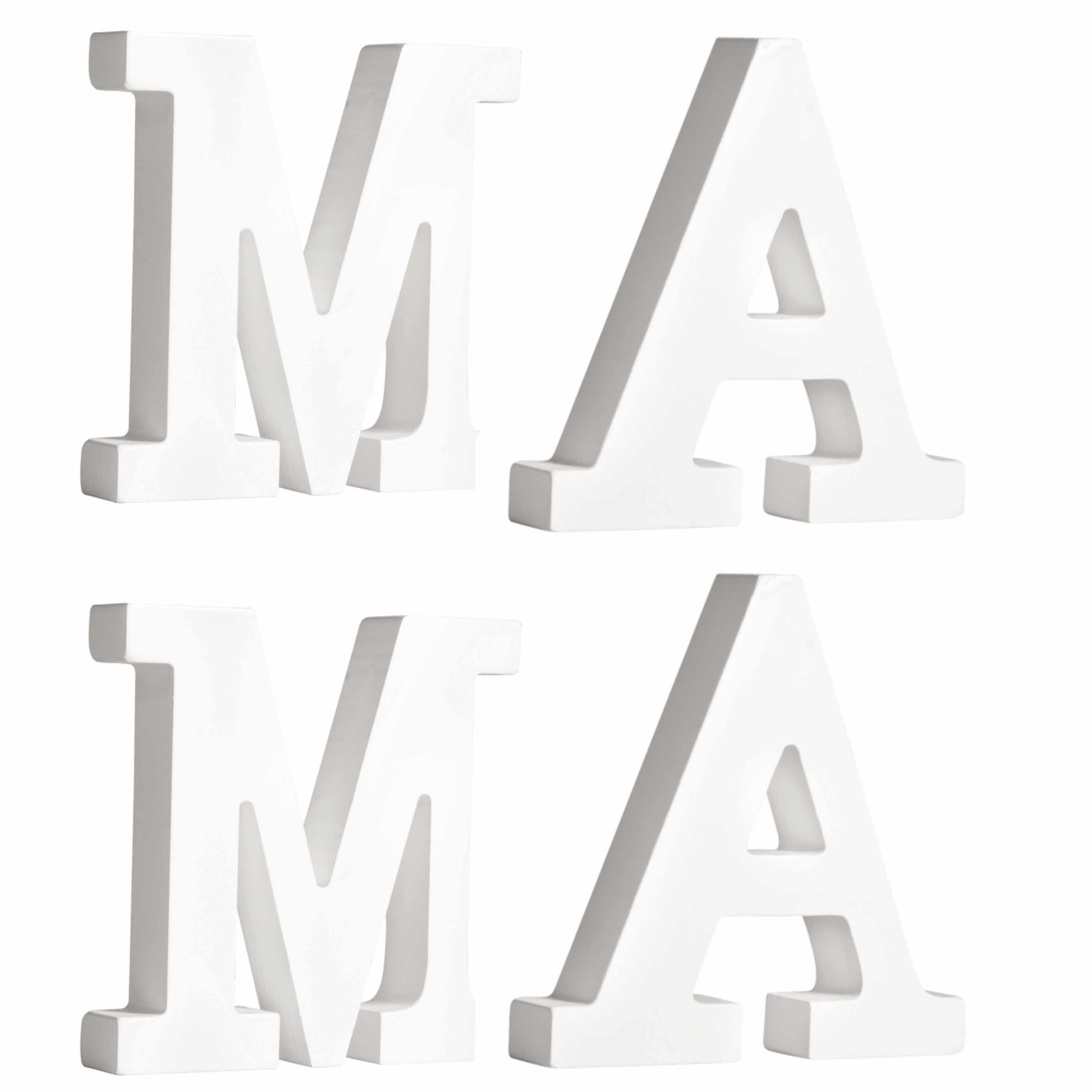 Houten deco hobby letters 4x losse witte letters om het woord MAMA te maken