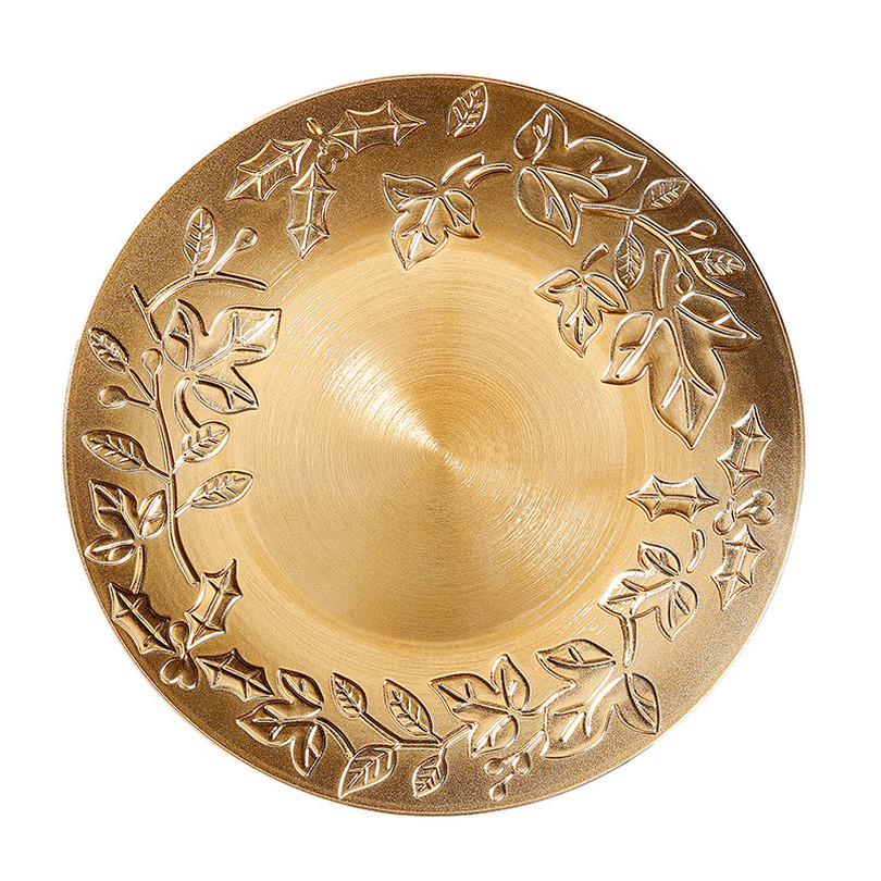 Kaarsenbord-onderbord goud met bladeren kunststof D33 cm rond