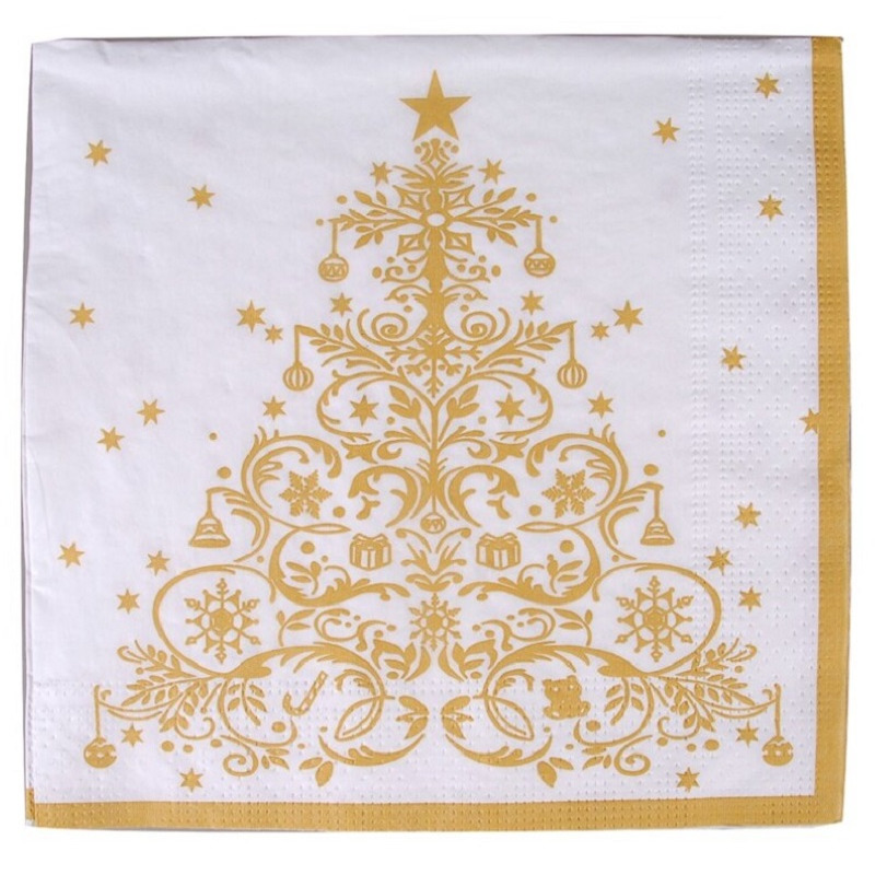 Kerst tafel servetten 20x stuks van 33 x 33 cm - Gouden kerstboom print